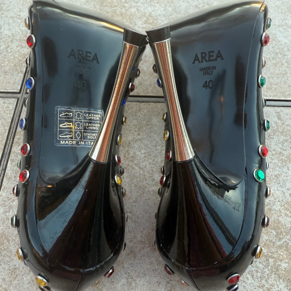 AREA Black Patent Leather Clear Jeweled Pointed Toe Pumps - Picture 13 of 16